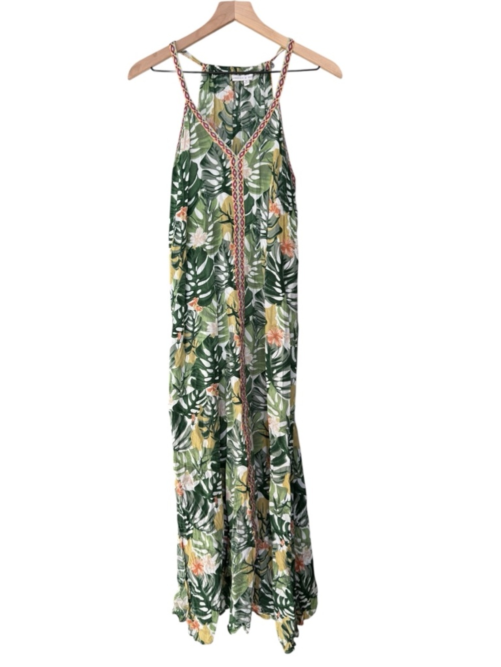 America & Beyond Tropical Leaf Maxi Dress in Green & Cream Size medium